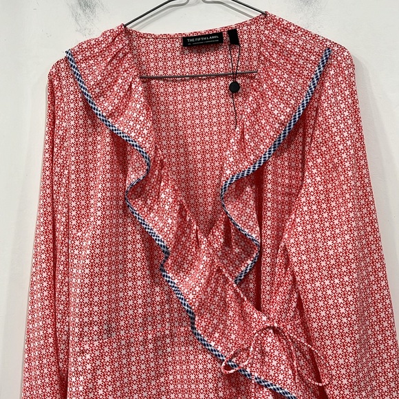 Anthropology The Fifth Label Long Sleeve Wrap Up Dress Red White Blue Geo M - Picture 2 of 12